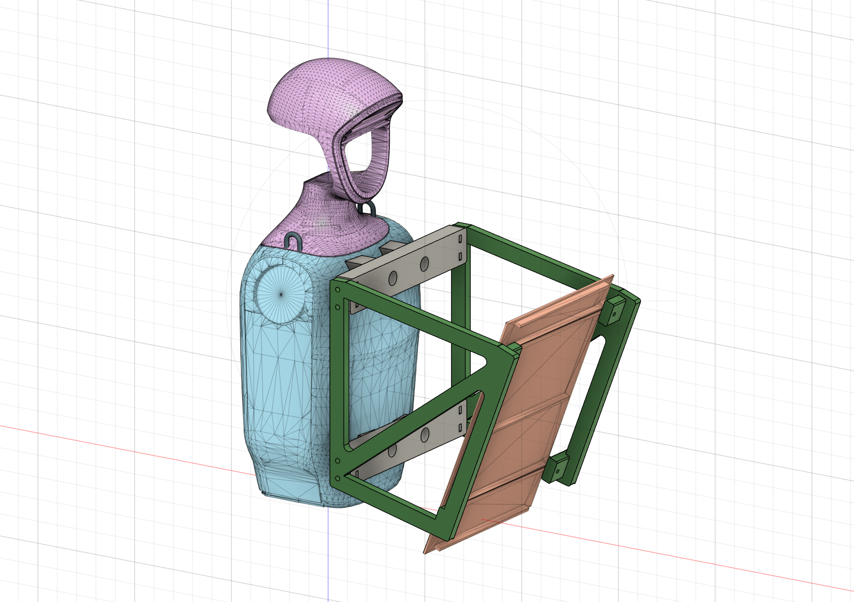 Fusion assembly view of two torso crossbars joined to green side plates supporting the tilted ChArUco carrier in front of the robot.