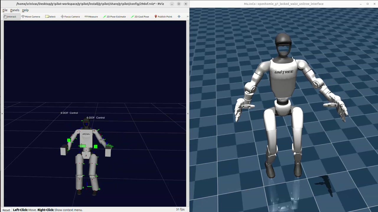 RViz arm-pose controls beside the G1 in MuJoCo